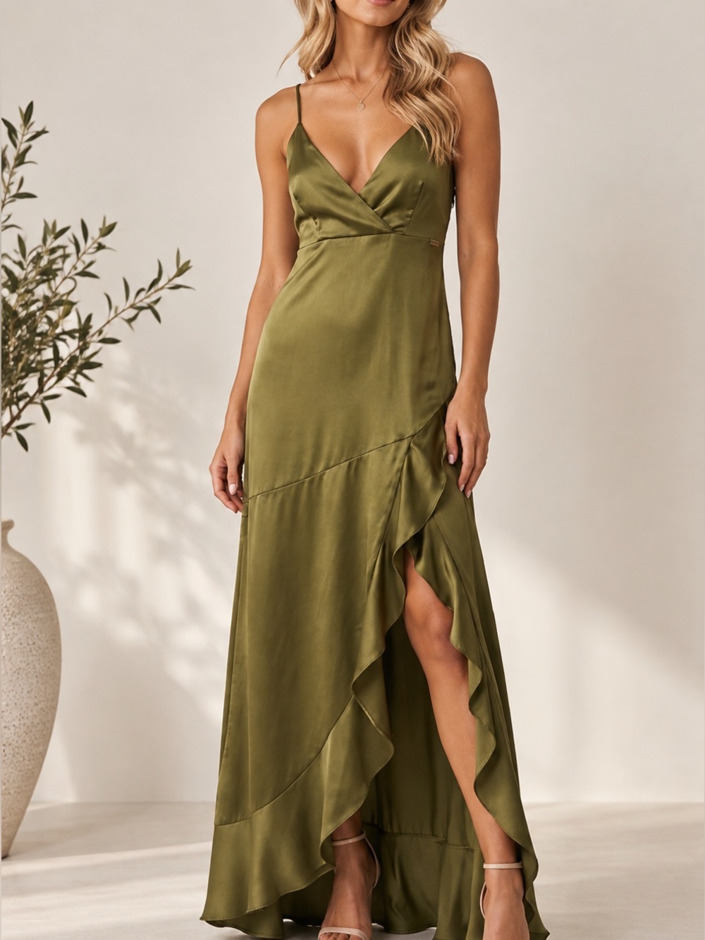 Wild Fable Olive Green Satin Ruffle Maxi Dress Size L NWT